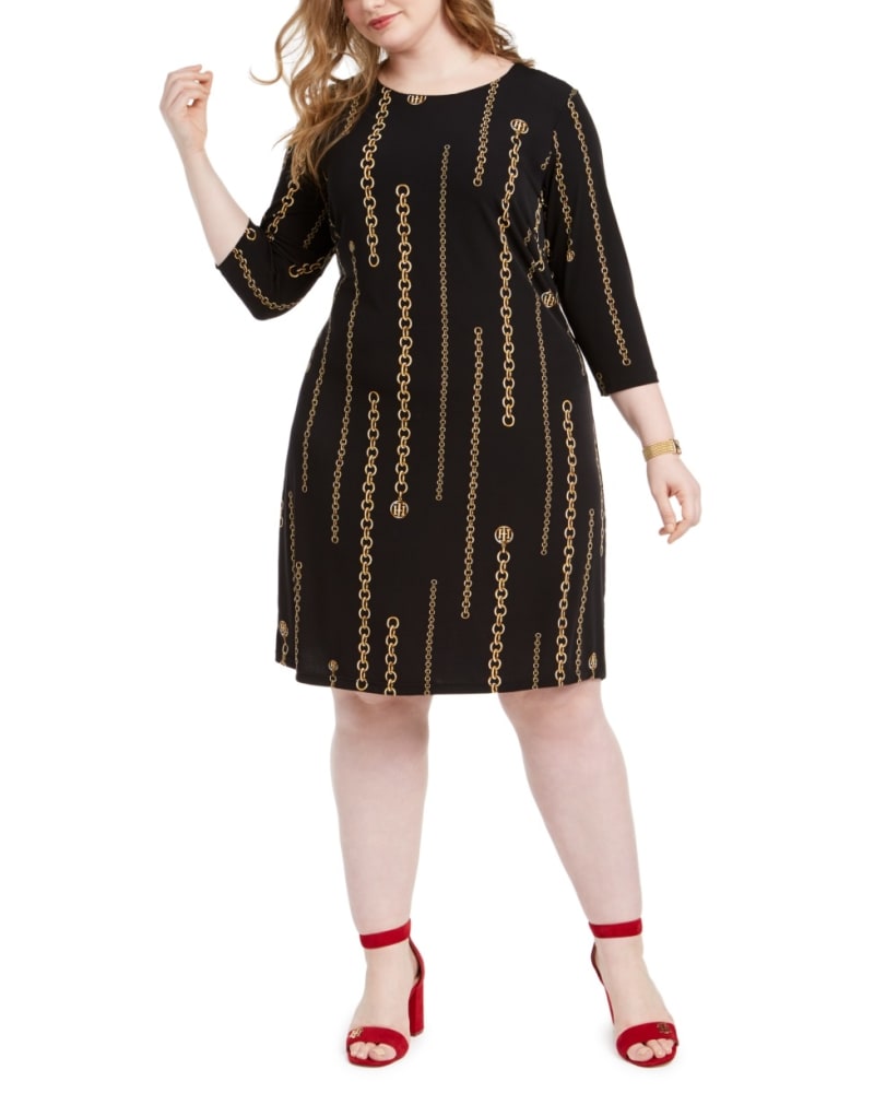 Front of a model wearing a size 22W Tommy Hilfiger Women's Plus Chain Print Dress Navy Size 22W in Blue by Tommy Hilfiger. | dia_product_style_image_id:312568